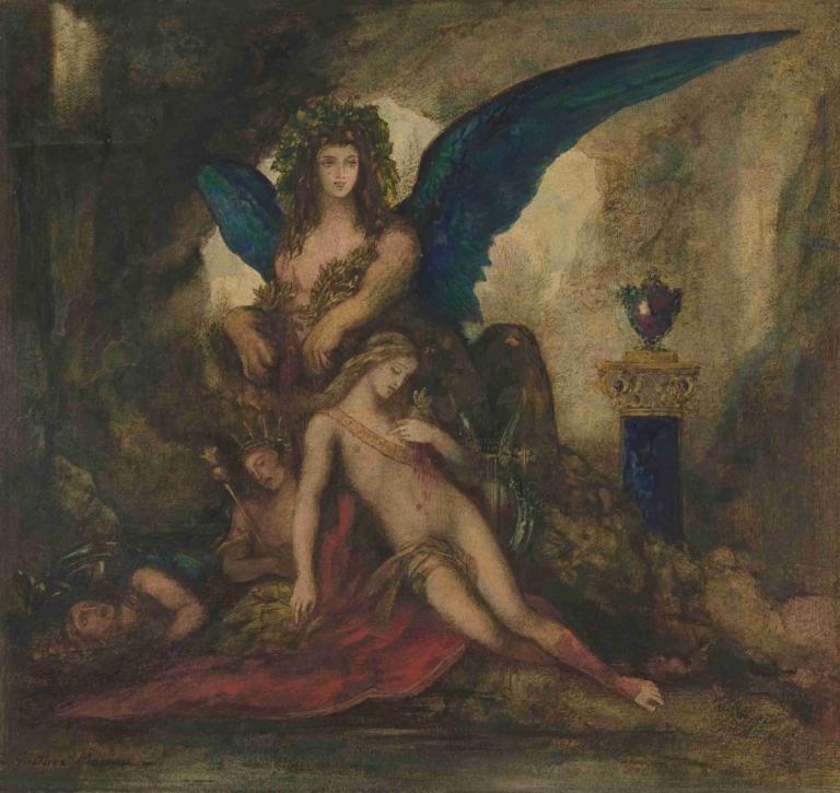 Sphinx in a Grotto (Poet, King and Warrior),石窟中的獅身人面像(詩人、國王和勇士),Gustave Moreau,古斯塔夫·莫羅,油畫,油畫, 美術模仿, 翅膀, 多個女孩