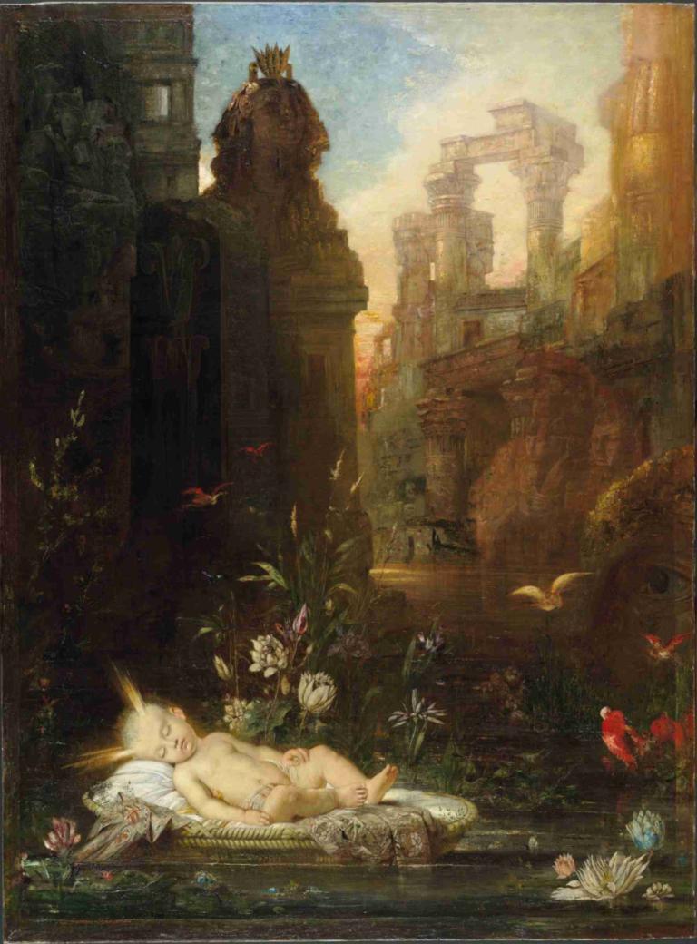 The Infant Moses,婴儿摩西,Gustave Moreau,古斯塔夫-莫罗,油画,油画, 花, 鸟, 水, 裸体, 1男孩, 翅膀, 雕像, 独奏, 户外