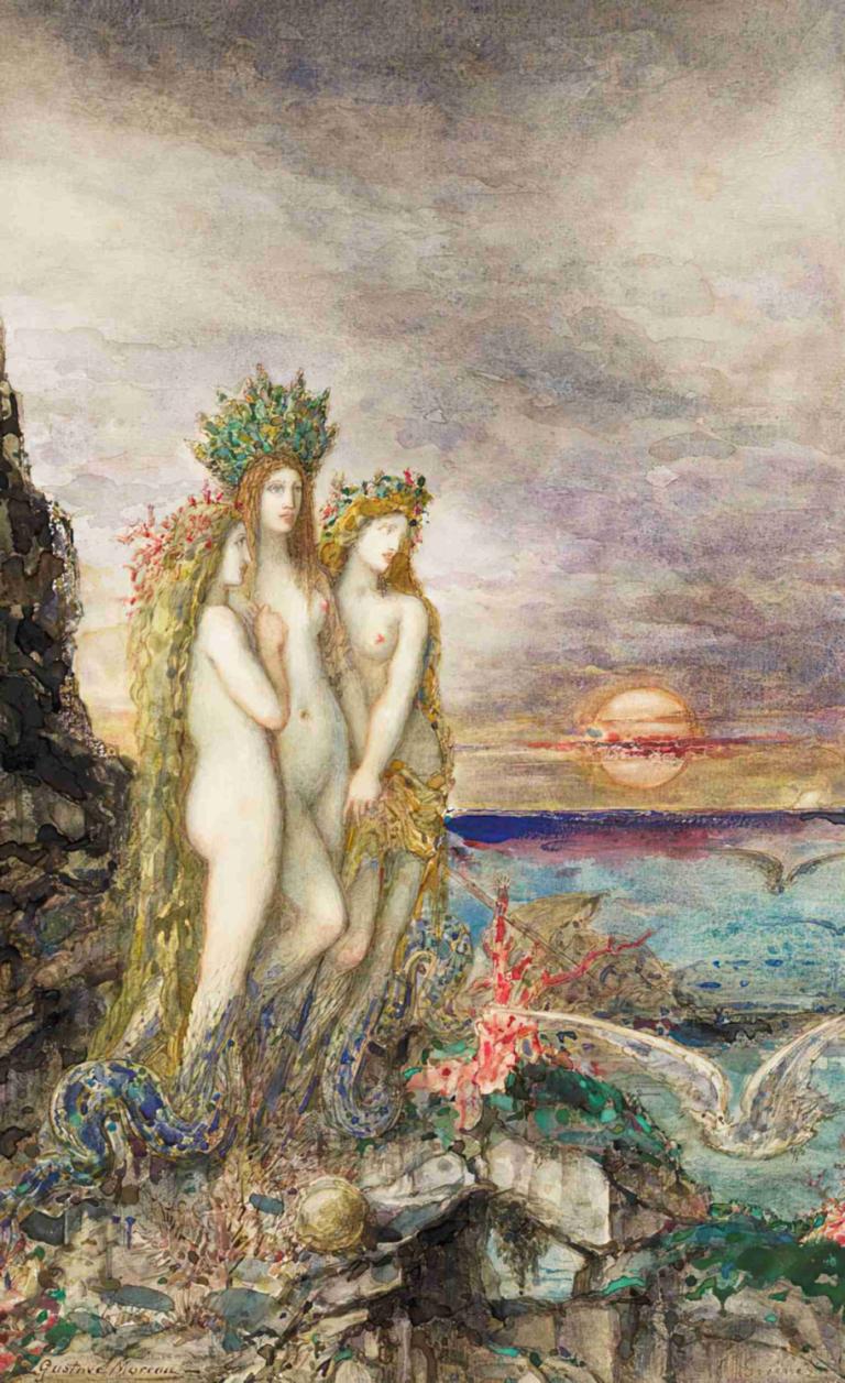 The Sirens,海妖,Gustave Moreau,古斯塔夫-莫罗,油画,油画, 多个女孩, 2个女孩, 美术模仿, 裸体, 长发, 怪物女孩, 乳房, 云, 棕色的头发, 太阳, 水, 乳头, 船只, 传统媒体