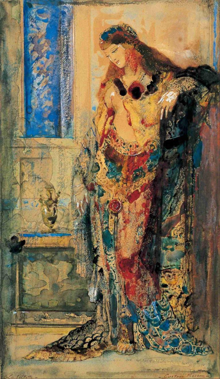 The Toilette,香水,Gustave Moreau,古斯塔夫-莫罗,油画,油画, 美术模仿, 1个女孩, 独奏, 长发, 闭着眼睛, 项链, 绘画（物体）, 珠宝, 常设, 假传统媒体