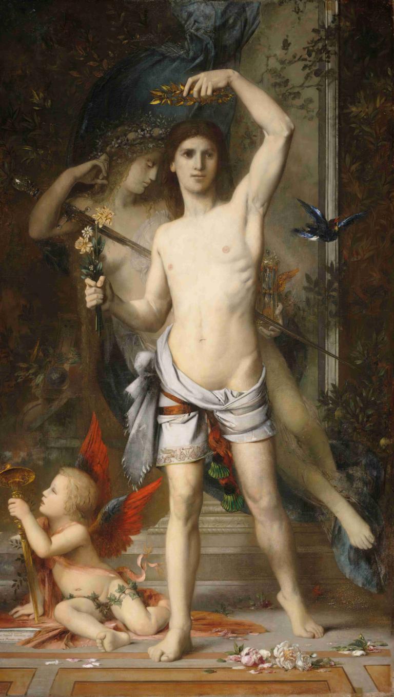 The Young Man And Death,年轻人与死亡,Gustave Moreau,古斯塔夫-莫罗,油画,油画, 美术模仿, 鸟, 花, 翅膀, 雕像, 赤脚, 多个男孩, 脐, 乳头, 男性焦点, 实际的