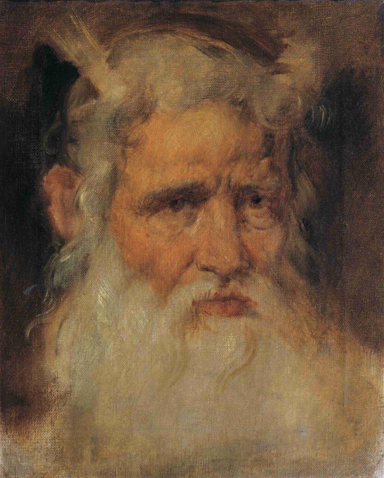 Moses,Hans Canon,Oil Painting,Oil Painting, 1boy, male focus, solo, facial hair, beard, white hair, portrait