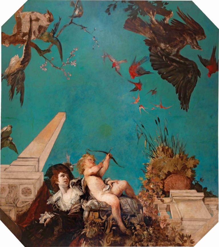 A Ceiling Painting, Society Lady With Cupid In A Garden Landscape,Een plafondschildering