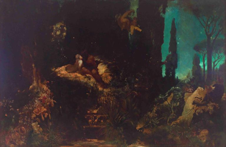 A midsummer night’s dream,Hans Makart,Oil Painting,Oil Painting, tree, scenery, nature, statue, plant