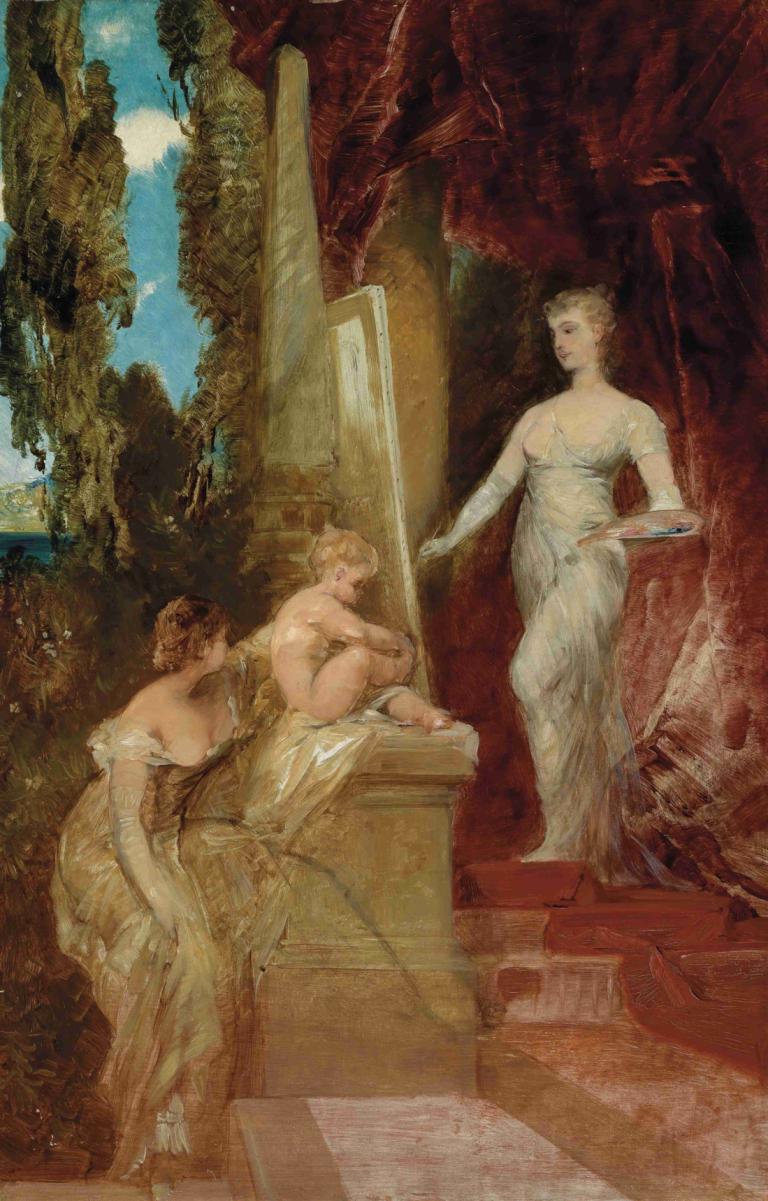 Allegorie Der Malerei,Allegori af maleri,Hans Makart,Oliemaleri,Oliemaleri, kunstparodi, kjole, flere piger