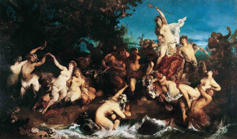 Bacchus and Ariadne,Bacchus en Ariadne,Hans Makart,Olieverf,Olieverf, parodie op beeldende kunst, naakt