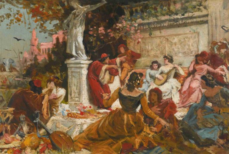 Banquet In A Park,Banket v parku,Hans Makart,Oljna slika,Oljna slika, likovna parodija, več deklet