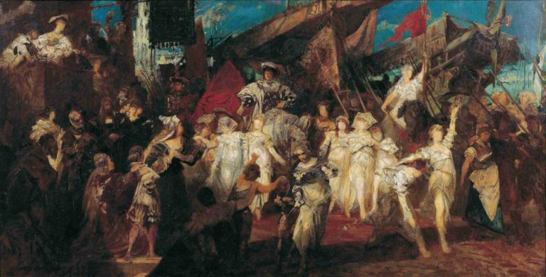 Charles V enters Antwerp,찰스 5세, 앤트워프에 입성하다,Hans Makart,한스 마카트,오일 페인팅,오일 페인팅, 6+소년, 여러 소년, 여러 여자, 갑옷, 무기, 옥외