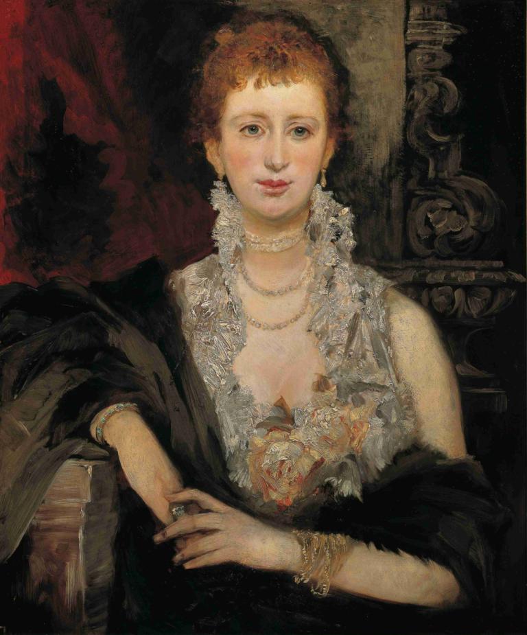 Clothilde Beer,Clothilde Øl,Hans Makart,Oliemaleri,Oliemaleri, 1 pige, smykker, solo, halskæde, ring, armbånd