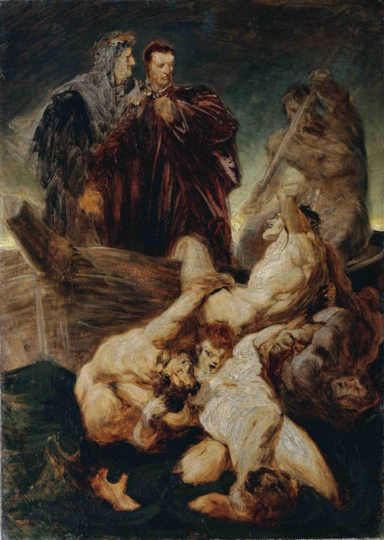 Dante and Virgil in the inferno,Dante og Virgil i infernoet,Hans Makart,Oliemaleri,Oliemaleri, kunstparodi