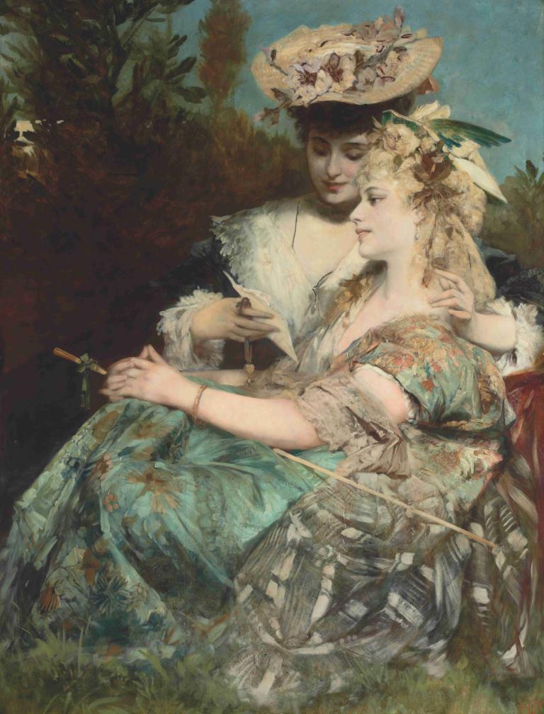 Der Liebesbrief,Kærlighedsbrevet,Hans Makart,Oliemaleri,Oliemaleri, kunstparodi, 1 pige, kjole, bedrift