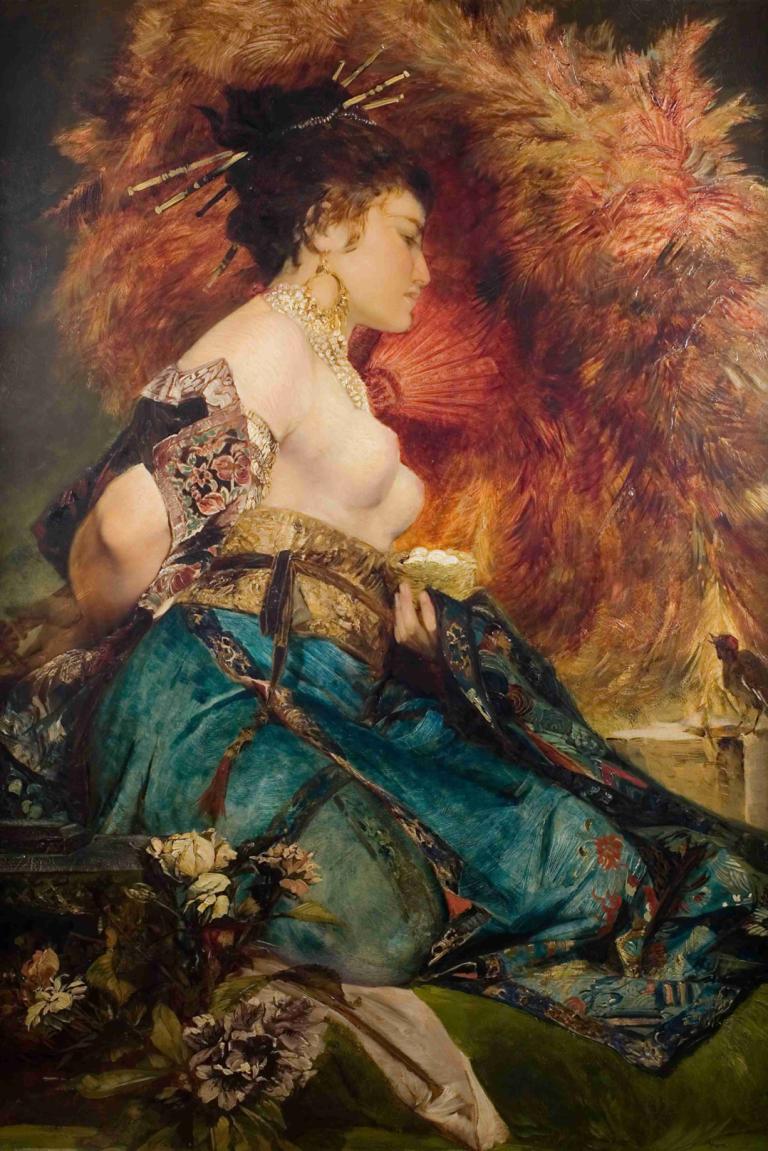 Die Japanerin,Hans Makart,Oil Painting,Oil Painting, 1girl, breasts, nipples, jewelry, fine art parody