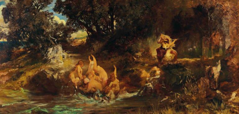 Die Nixen And Der Tiger (The Mermaids And The Tiger),Hans Makart,Oil Painting,Oil Painting, water, tree