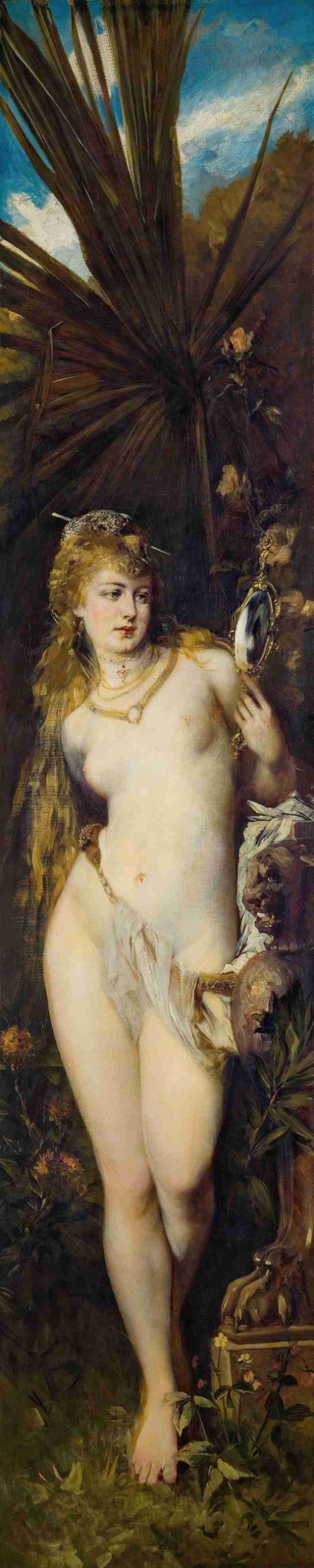 Die fünf Sinne; Das Gesicht,De fem sanser; Ansigtet,Hans Makart,Oliemaleri,Oliemaleri, kunstparodi, 1 pige