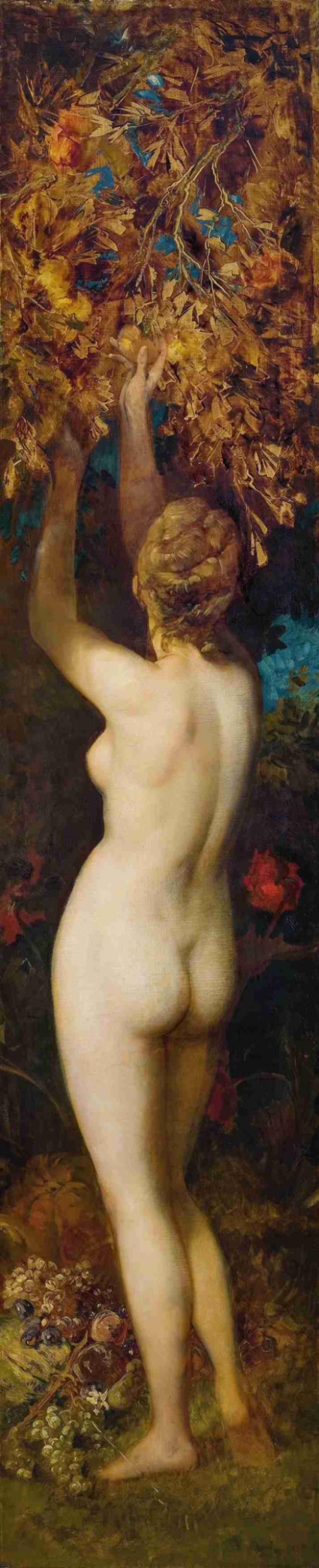 Die fünf Sinne; Der Geschmack,Hans Makart,Oil Painting,Oil Painting, 1girl, nude, solo, ass, breasts