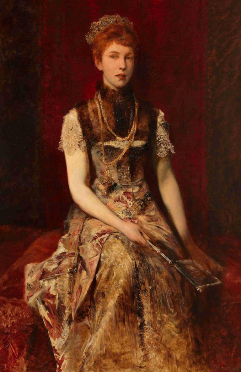 Dora Fournier-Gabillon,Hans Makart,Oil Painting,Oil Painting, 1girl, solo, dress, sitting, necklace, holding