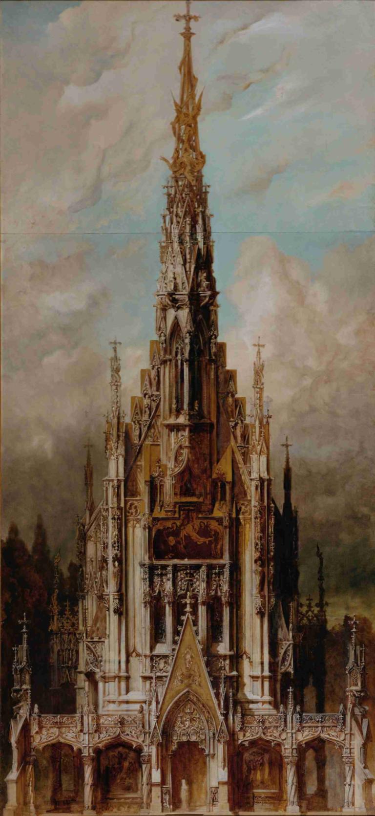 Gotische Grabkirche St. Michael, Turmfassade,圣米歇尔哥特式墓葬教堂，塔楼正面,Hans Makart,汉斯-马卡特,油画,油画, 没有人类, 风景, 天空, 塔, 云