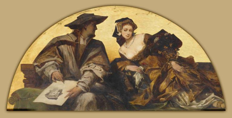 Hans Holbein the Younger,小汉斯-霍尔拜因,Hans Makart,汉斯-马卡特,油画,油画, 美术模仿, 1个女孩, 帽子, 1男孩, 项链, 乳房, 珠宝, 劈裂, 裙子, 金头发