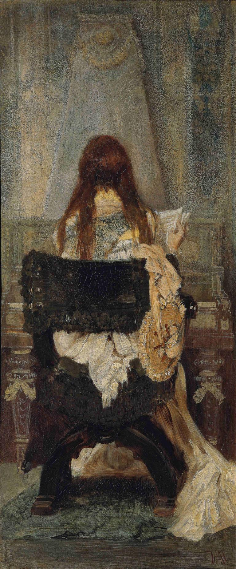 Lady At The Spinet,Hans Makart,Oil Painting,Oil Painting, long hair, brown hair, dress, sitting, kneeling