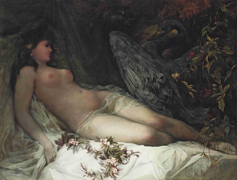 Leda And The Swan,Léda et le cygne,Hans Makart,Peinture à l'huile,Peinture à l'huile, 1fille, les mamelons