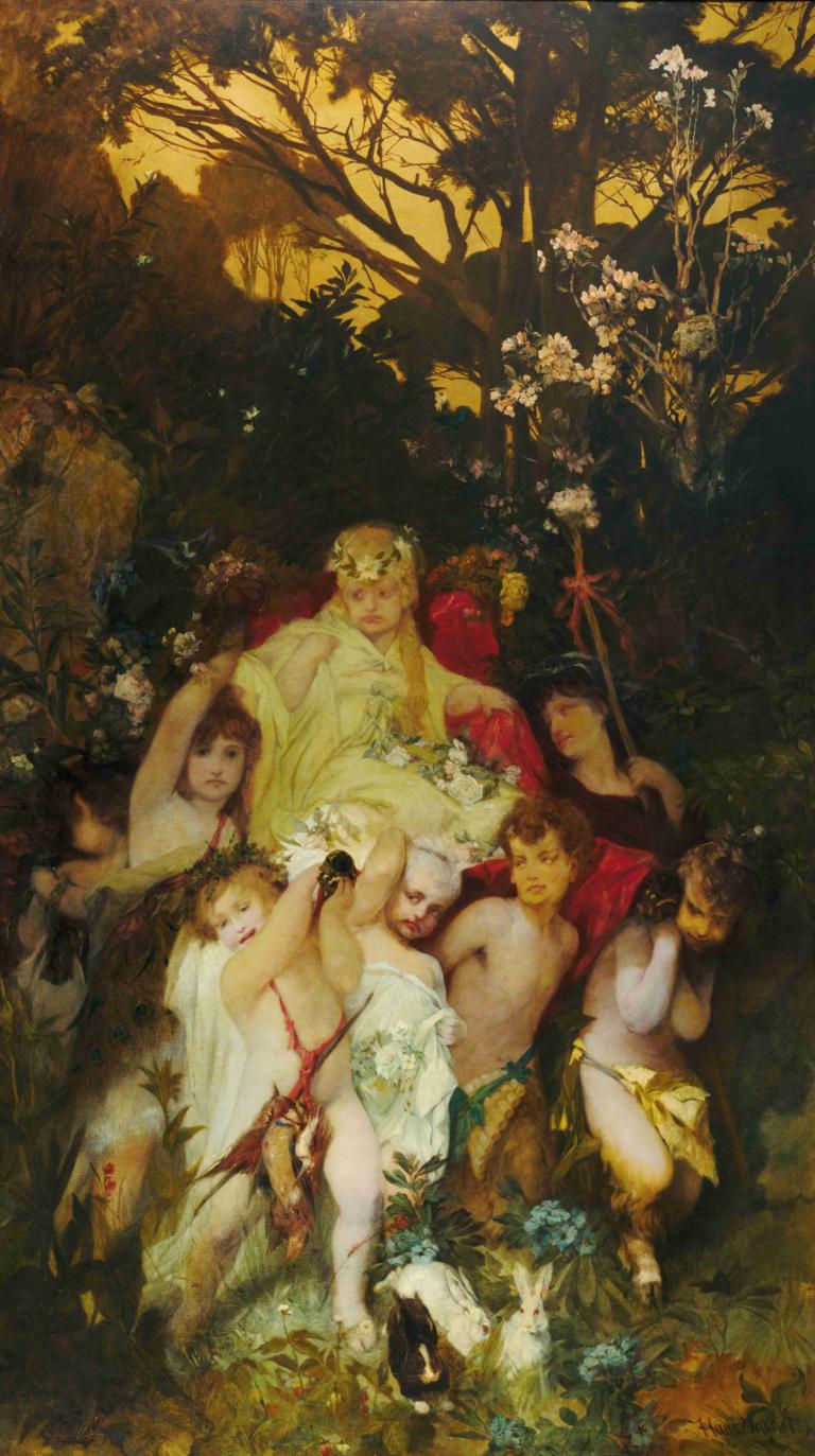 Modern Amoretti,Amoretti moderne,Hans Makart,Peinture à l'huile,Peinture à l'huile, plusieurs filles, fleur