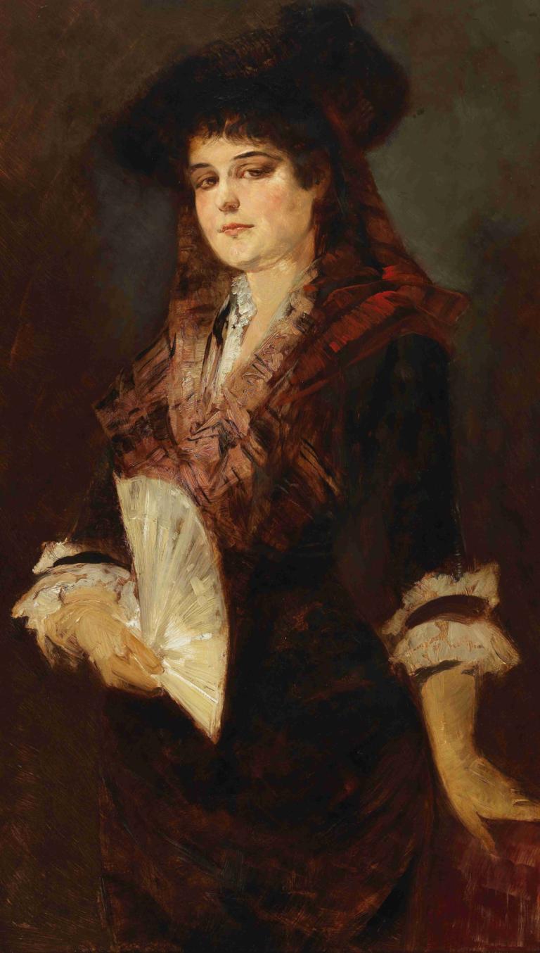 Portrait Of A Lady With A Fan,Portrét Dámy S Ventilátorem,Hans Makart,Olejomalba,Olejomalba, 1 dívka, sólo