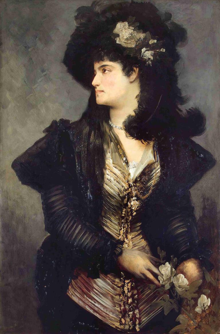 Portrait Of A Lady,Portrét dámy,Hans Makart,Olejomalba,Olejomalba, 1 dívka, sólo, černé vlasy, květ