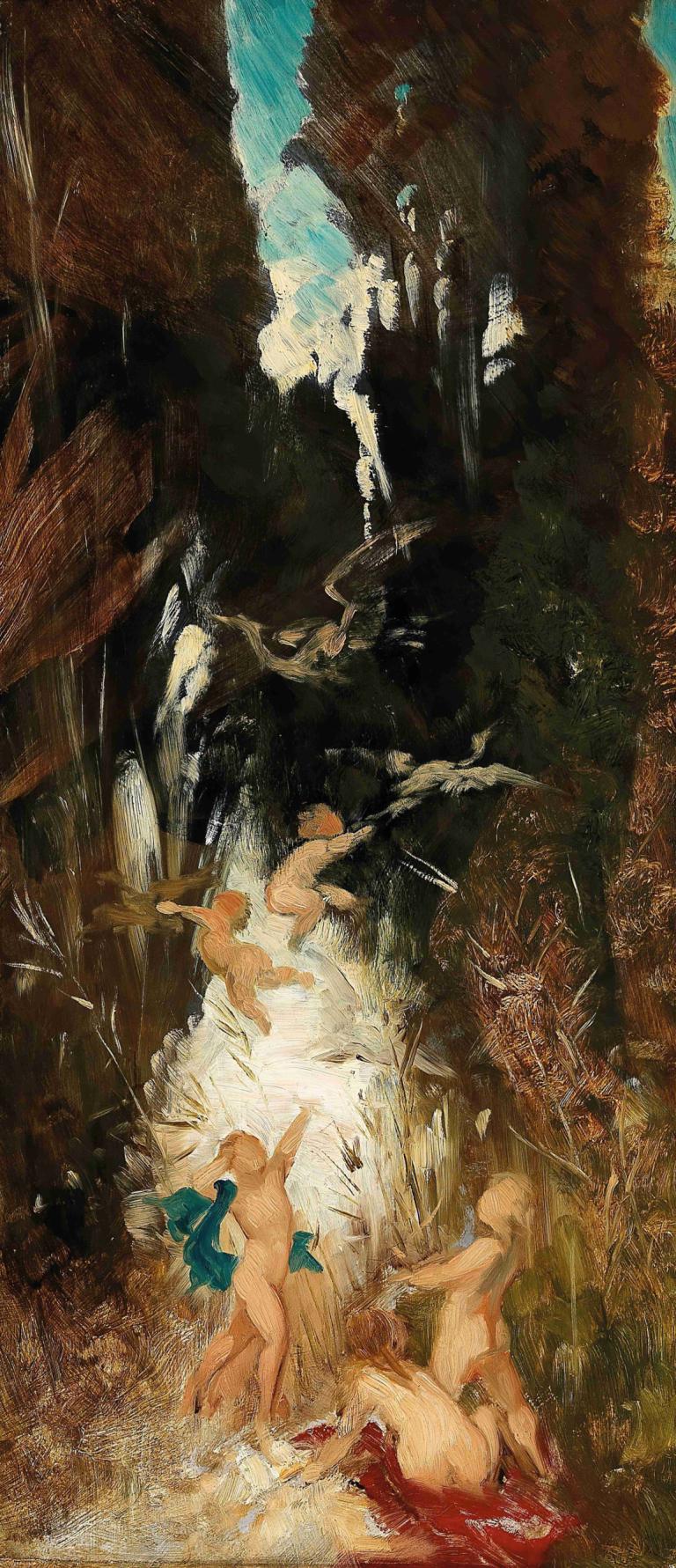 Putti Near A Forest Brook,Putti Dekat Sungai Hutan,Hans Makart,Lukisan cat minyak,Lukisan cat minyak