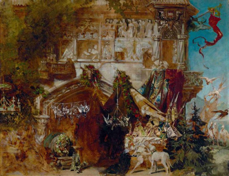 The Hunting Castle,Lovski grad,Hans Makart,Oljna slika,Oljna slika, konj, jahati, na prostem, več fantov