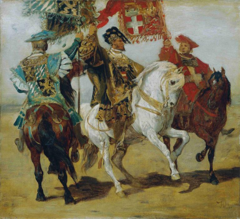 Three Mounted Standard Bearers,Trije vgrajeni standardni nosilci,Hans Makart,Oljna slika,Oljna slika, konj