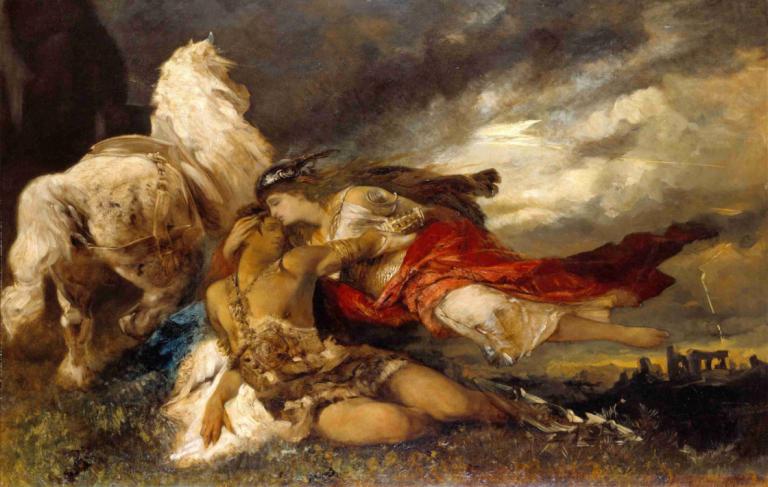 Valkyrie and a Dying Hero,Valkira in umirajoči junak,Hans Makart,Oljna slika,Oljna slika, likovna parodija