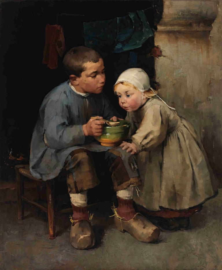 A Boy Feeding His Little Sister,男孩喂妹妹吃饭,Helene Schjerfbeck,油画,油画, 1个女孩, 美术模仿, 1男孩, 金头发, 靴子, 蓝眼睛, 坐着, 孩子, 裙子