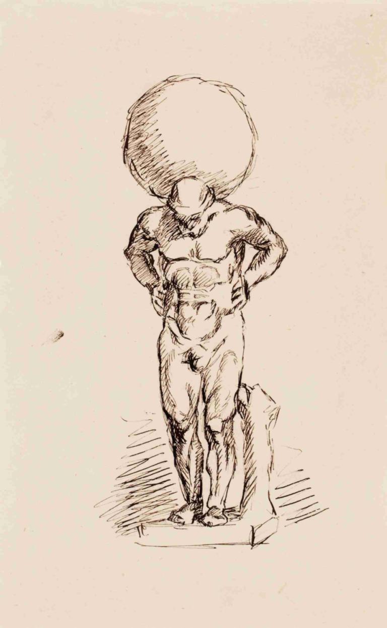 Atlas -veistos,Helene Schjerfbeck,Sketch,Sketch, solo, 1boy, bald, male focus, monochrome, muscular, sketch