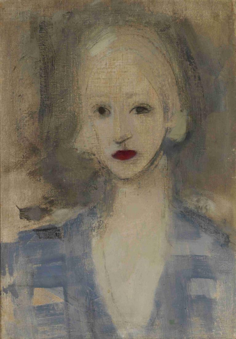 Blond Woman,Helene Schjerfbeck,Oil Painting,Oil Painting, 1girl, solo, lipstick, looking at viewer, red lips