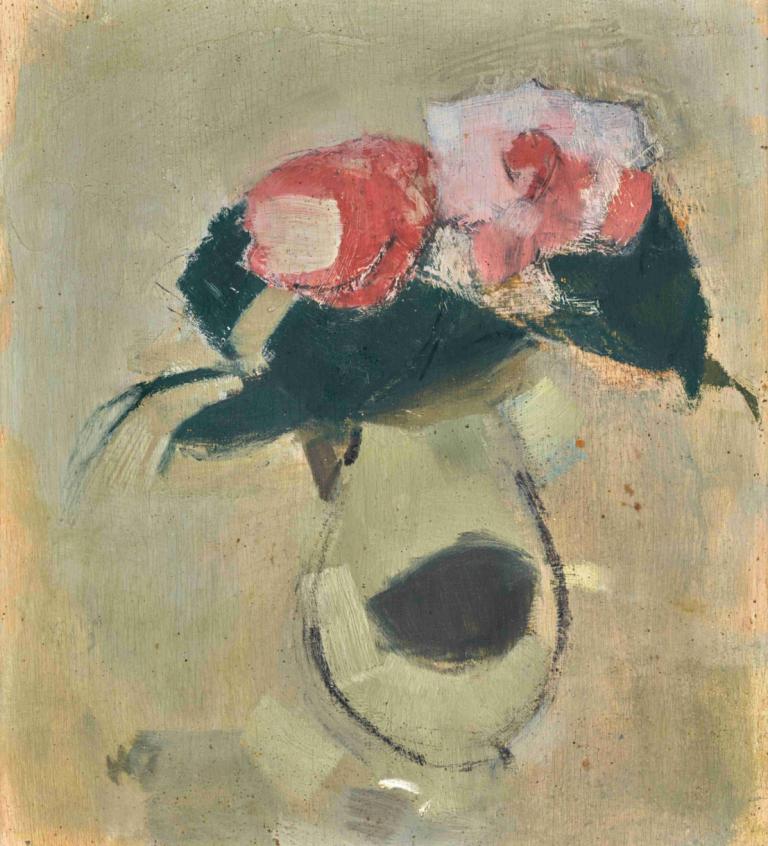 Camellias,Helene Schjerfbeck,Oil Painting,Oil Painting, no humans, flower, solo, hat, pokemon (creature)