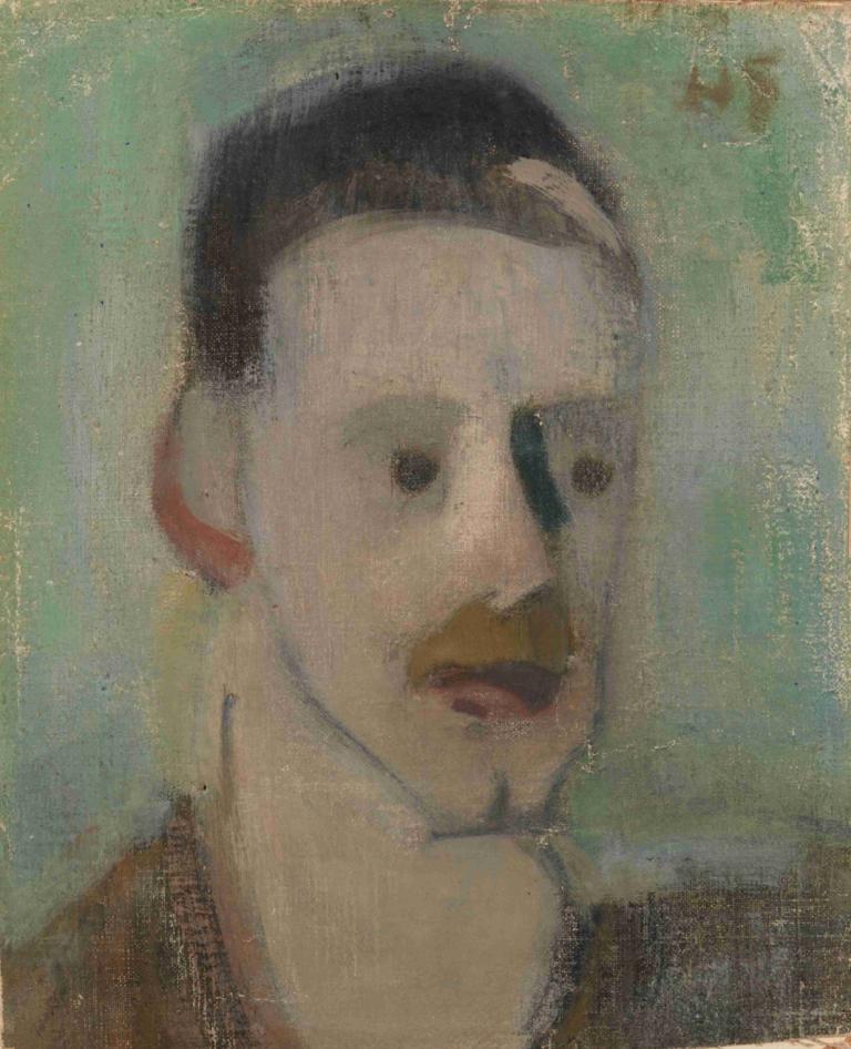 Einar Reuter III,埃纳尔-路透三世,Helene Schjerfbeck,油画,油画, 独奏, 男性焦点, 1男孩, 黑发, 黑眼睛, 肖像, 绿色背景