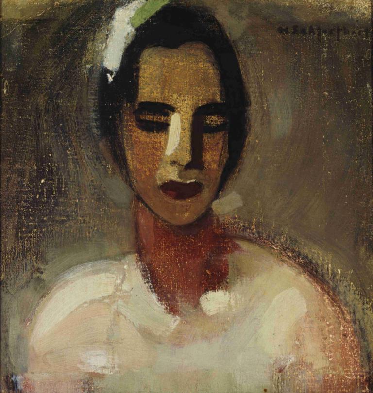 Girl from California I,来自加利福尼亚的女孩 I,Helene Schjerfbeck,油画,油画, 独奏, 黑发, 上半身, 1个女孩, 暗黑皮肤, 男性焦点, 1男孩, 张开嘴, 短发