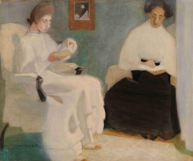 Girls Reading,Mädchen lesen,Helene Schjerfbeck,Ölgemälde,Ölgemälde, Sitzung, Buch, braune Haare, barfuß