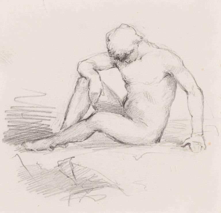 Istuva alaston mies,Helene Schjerfbeck,Sketch,Sketch, monochrome, solo, sketch, nude, male focus, 1boy