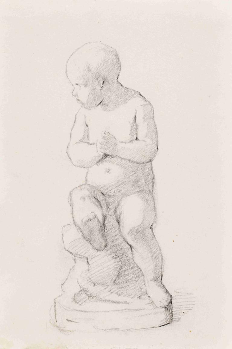 Istuva pieni poika, veistos,Helene Schjerfbeck,Sketch,Sketch, solo, 1boy, male focus, monochrome, bald