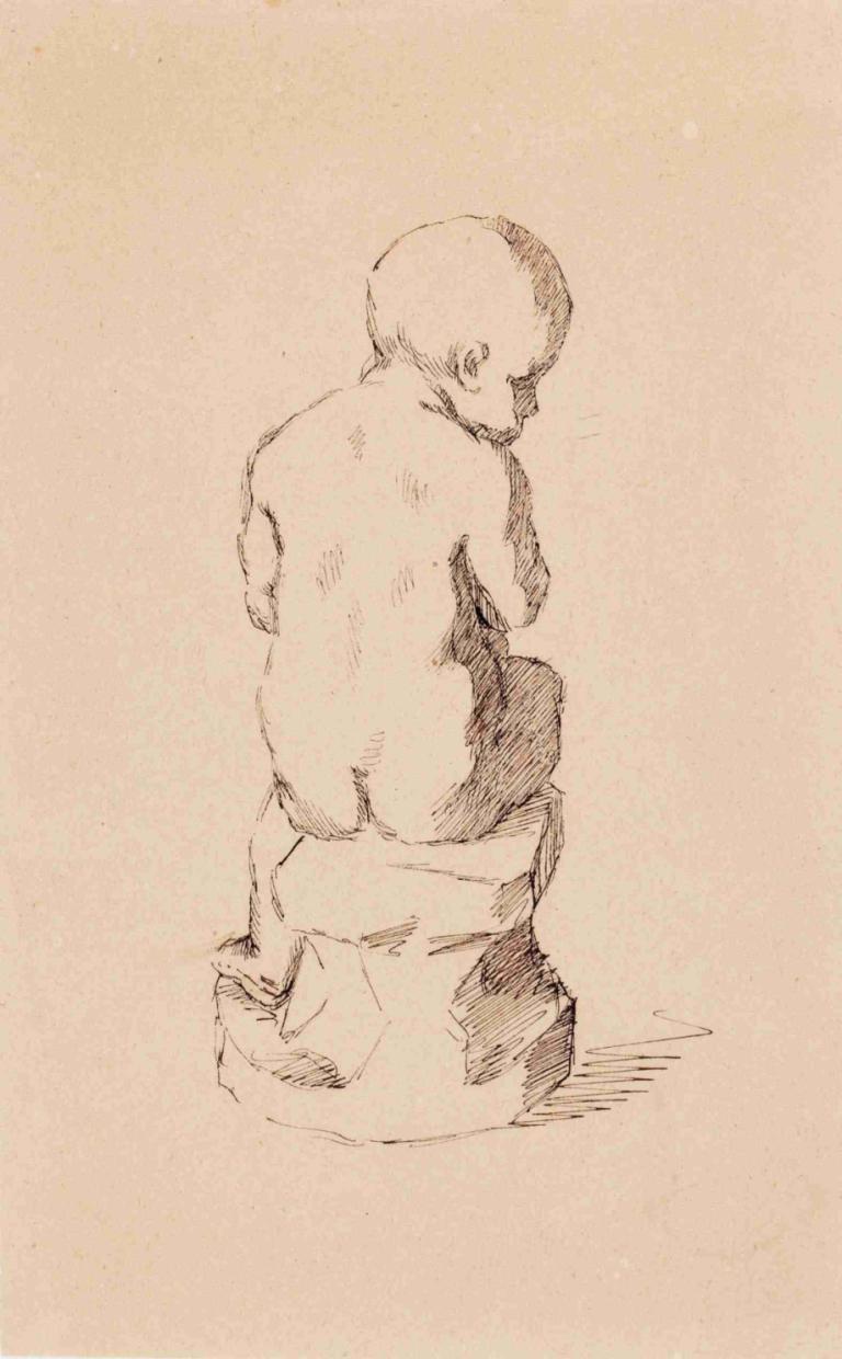 Istuva pieni poika, veistos takaapäin,Helene Schjerfbeck,Sketch,Sketch, solo, 1boy, monochrome, male focus