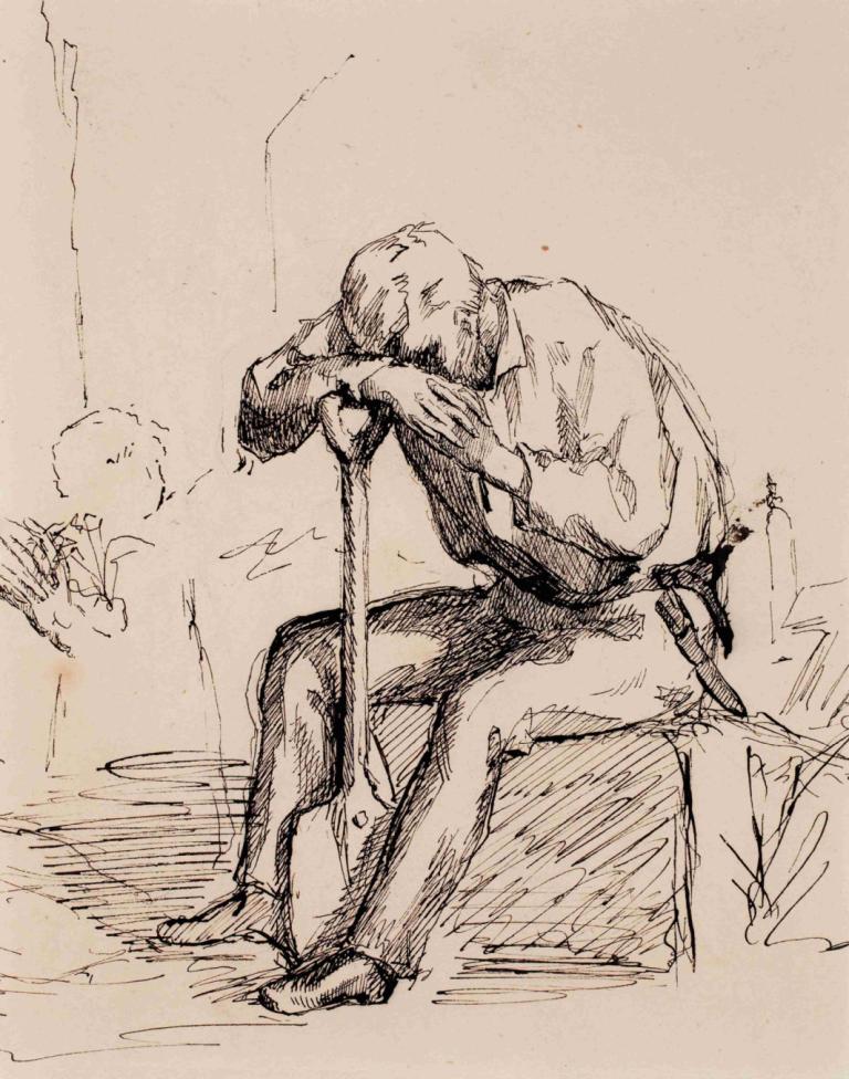 Istuva, lapioonsa nojaava mies, luonnos,Helene Schjerfbeck,Sketch,Sketch, sitting, 1boy, monochrome