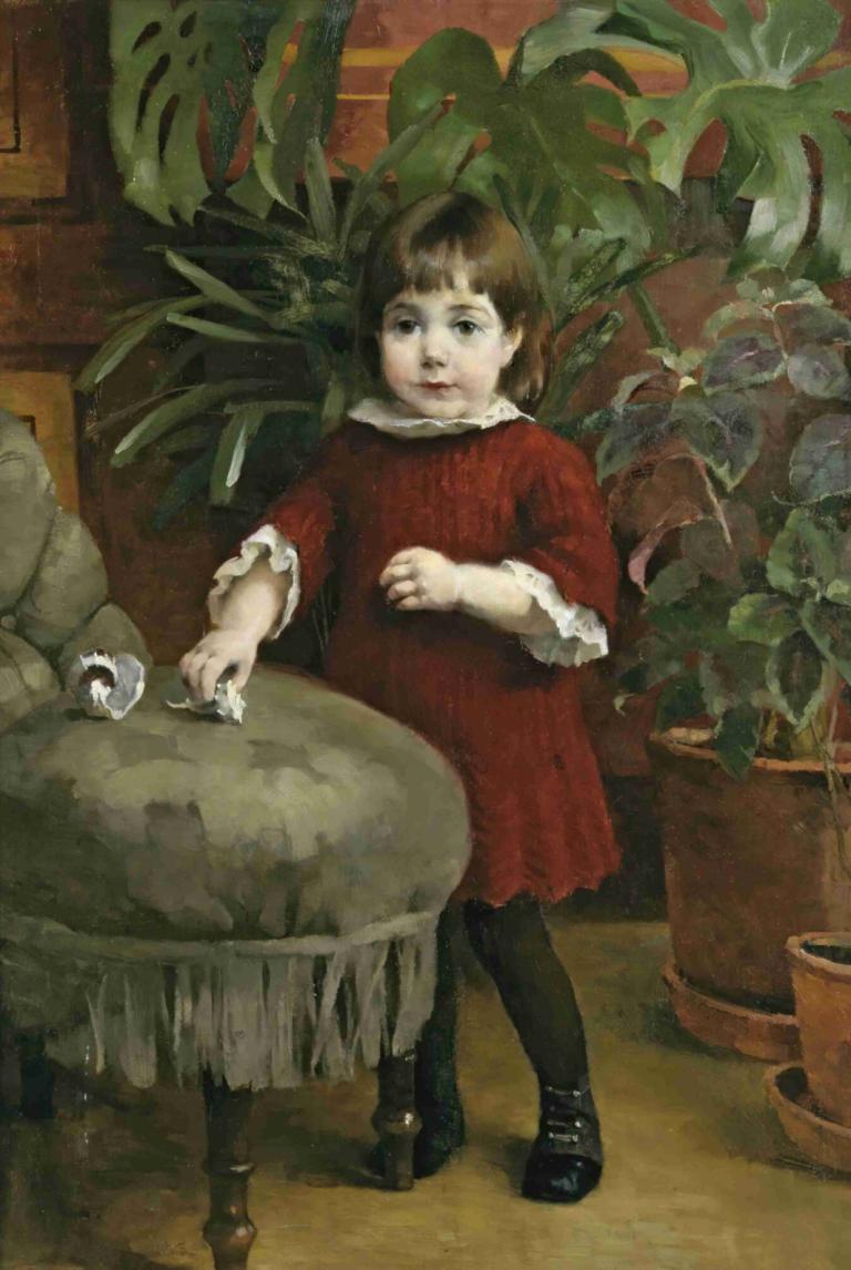 Little Gudrun,Helene Schjerfbeck,Oil Painting,Oil Painting, 1girl, solo, brown hair, plant, dress, pantyhose