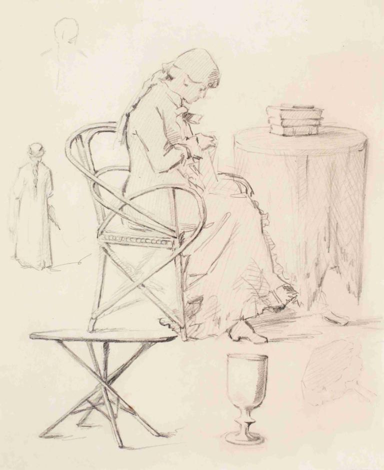 Luonnoksia, ompeleva tyttö, pöytä, viinilasi, nainen selin,Helene Schjerfbeck,Sketch,Sketch, 1girl, sketch