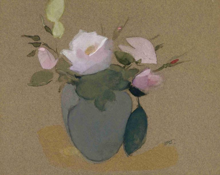 Roses in a Blue-Green Vase,Mawar dalam Vas Biru-Hijau,Helene Schjerfbeck,Lukisan cat minyak