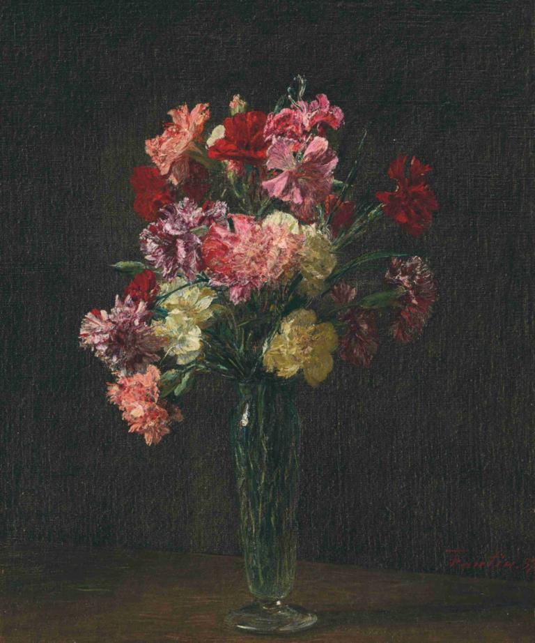 Œillets,鞋眼,Henri Fantin-Latour,亨利-方丹-拉图尔,油画,油画, 花, 静物, 没有人类, 粉红色的花, 红花, 签名, 黄花, 黑色背景, 花束, 过时的, 传统媒体