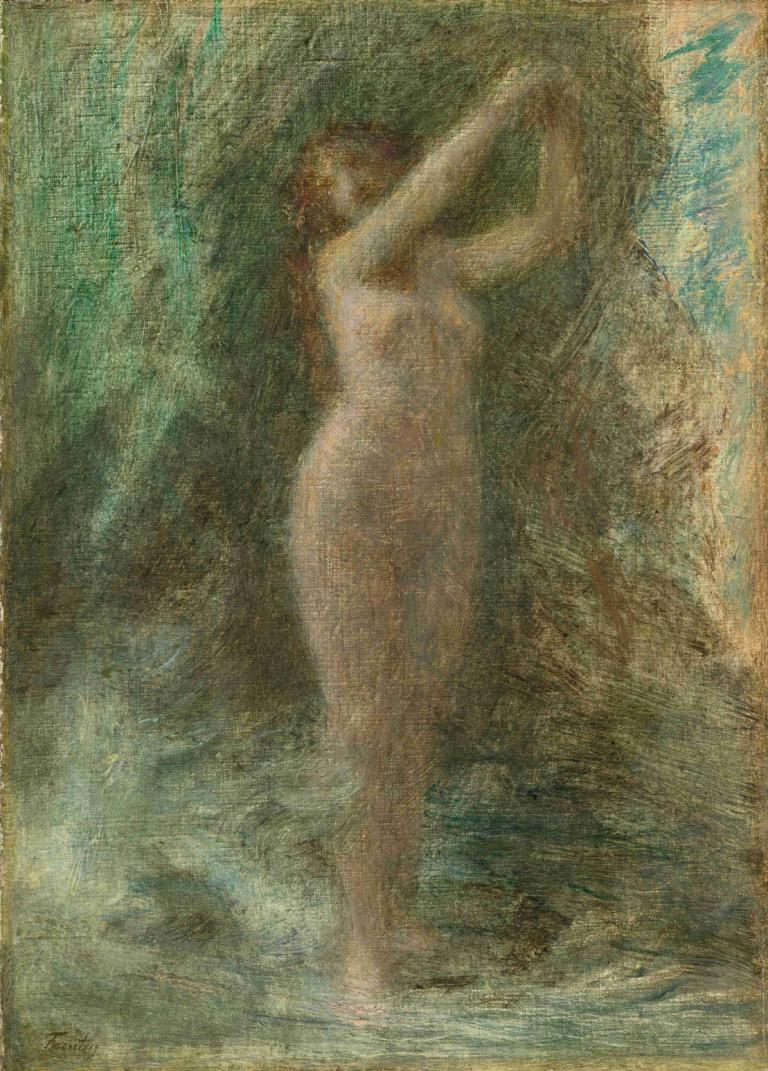 Andromède,Henri Fantin-Latour,Oil Painting,Oil Painting, solo, 1girl, nude, breasts, water, traditional media