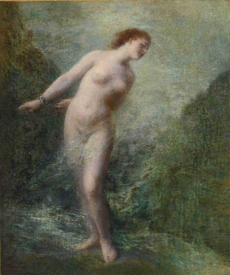 Androméda,Henri Fantin-Latour,Oil Painting,Oil Painting, 1girl, solo, nude, fine art parody, nipples, breasts