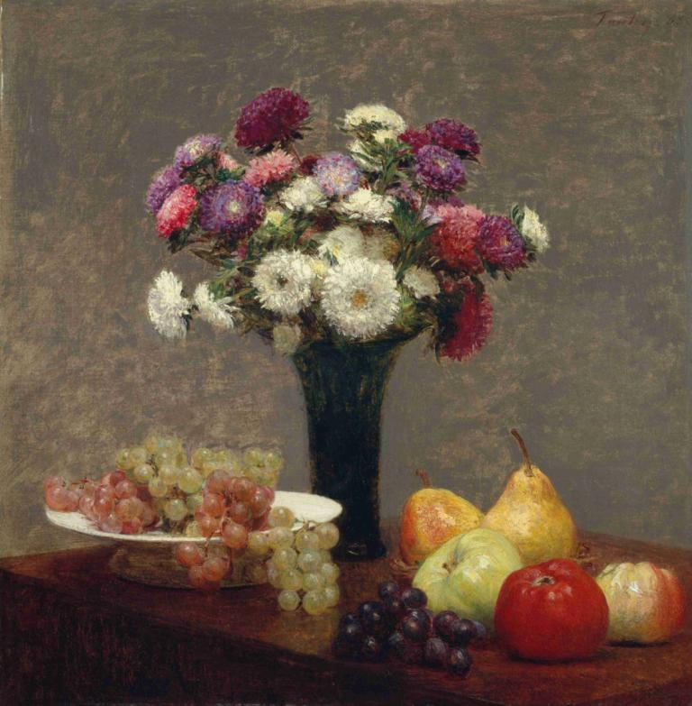 Asters and Fruit on a Table,Henri Fantin-Latour,Oil Painting,Oil Painting, fruit, food, grapes, flower