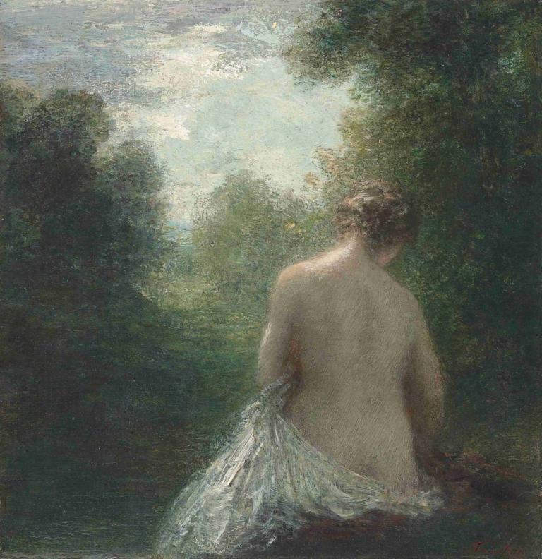 Baigneuse assise de dos,Henri Fantin-Latour,Oil Painting,Oil Painting, solo, 1girl, mermaid, from behind